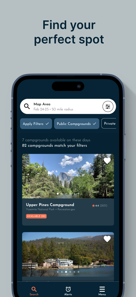 Campsite Tonight: Camping & RV - Campsite Tonight app search results screen showing available campgrounds in Yosemite National Park.