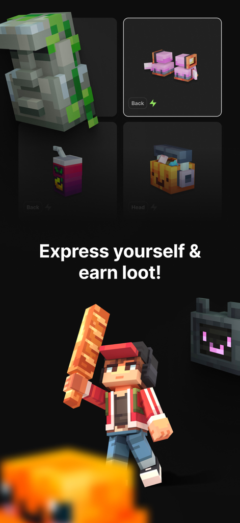 HYTOPIA: Friends & Family Fun - A showcase of blocky cosmetic items and a character in HYTOPIA with the text Express yourself and earn loot