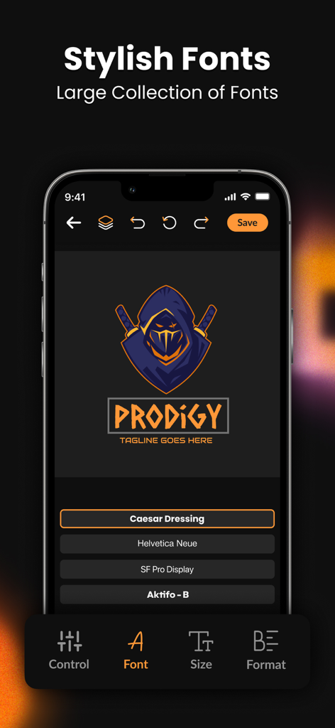 AI Logo Maker & Design Studio - Interfaz de la aplicación AI Logo Maker mostrando un diseño de logo de ninja y una lista de fuentes elegantes como Caesar Dressing
