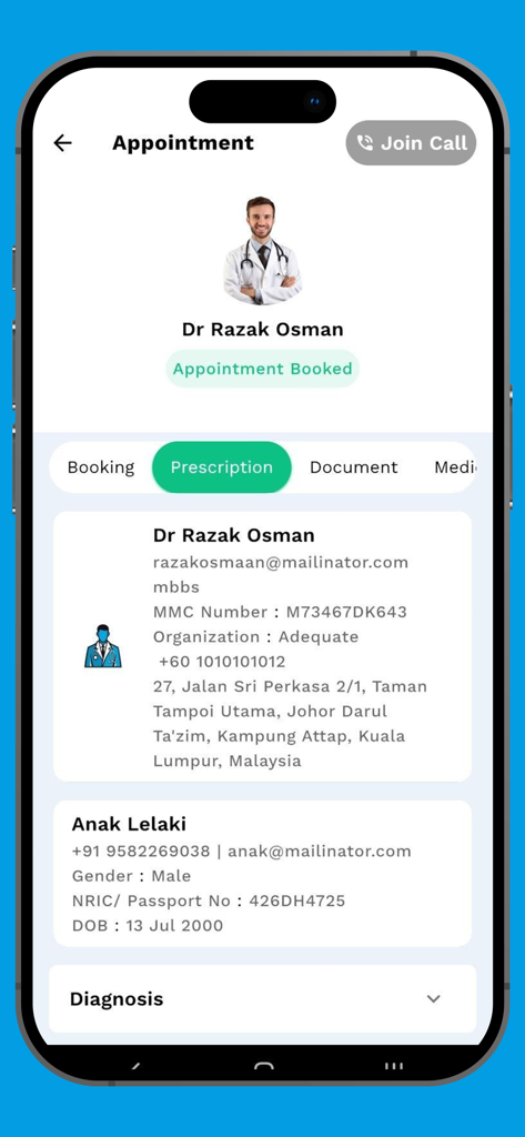 TeleCure - Screenshot of the TeleCure app showing a booked appointment with doctor information and a join call button for a virtual consultation.