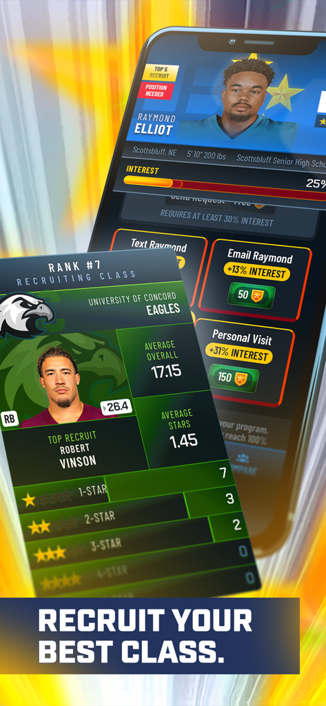 The Program: College Football - Recruiting interface in The Program College Football mobile game showing player stats and engagement options