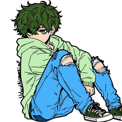 a male hoddie ripped jeans messy hair anime