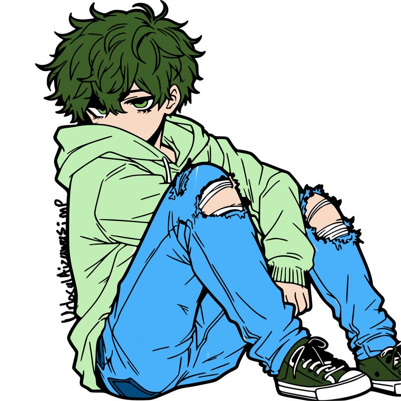 a male hoddie ripped jeans messy hair anime