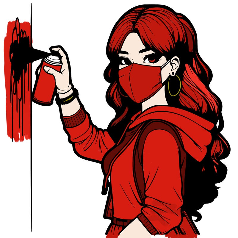 realistic girl with mask spray painting a wall