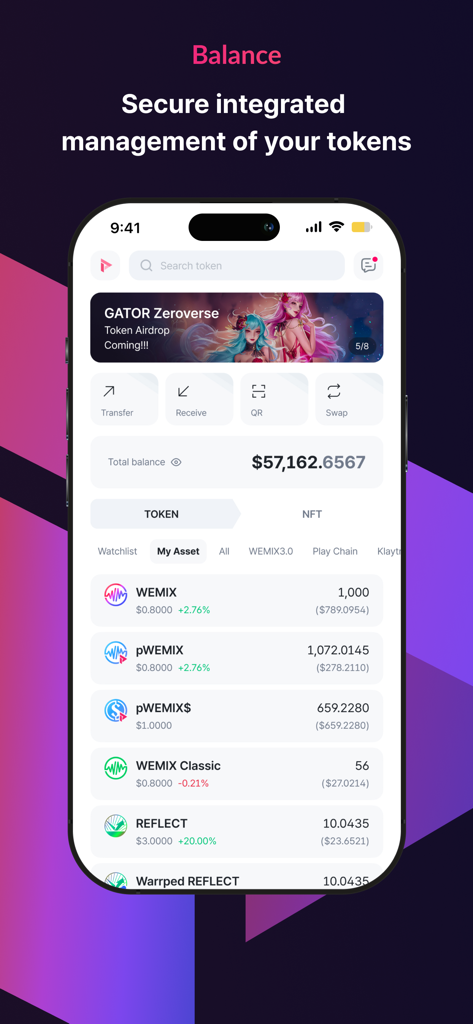 Benutzeroberfläche von PLAY Wallet, die die Token-Liste und den Gesamtbetrag in USD anzeigt