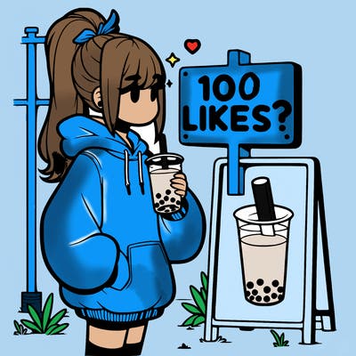 girl with oversized hoodie drinking boba and she has a high ponytail with a sign that says 10likes?