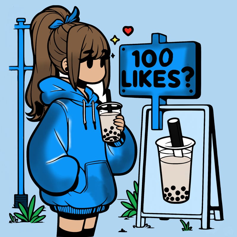 girl with oversized hoodie drinking boba and she has a high ponytail with a sign that says 10likes?