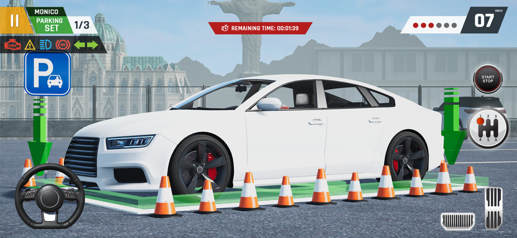 White car parked in a 3D simulation game with steering and pedal controls