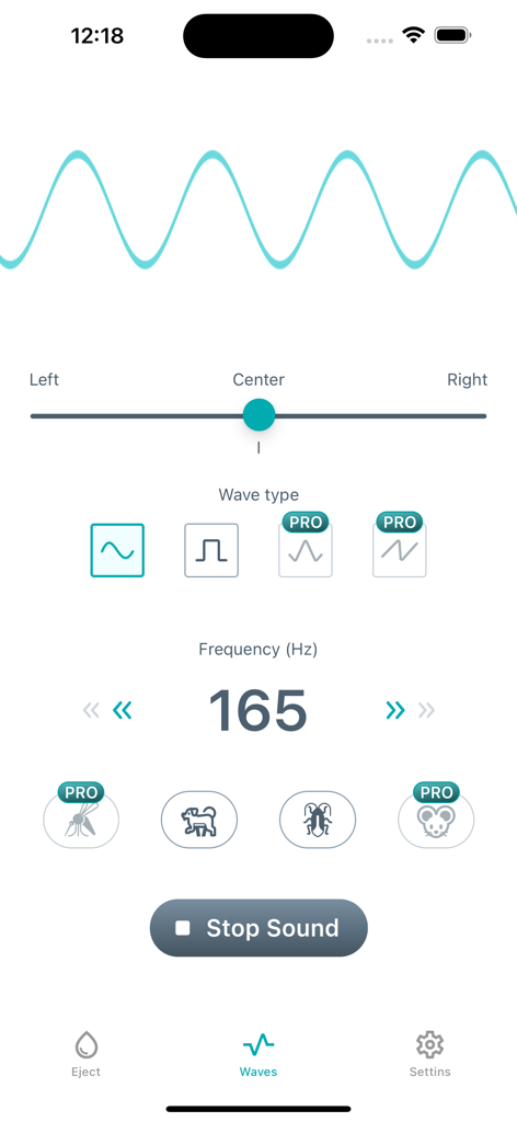 Ultrasonic Cleaner - Ultrasonic Cleaner app interface showing frequency generator controls with wave visualization and pest repellent modes