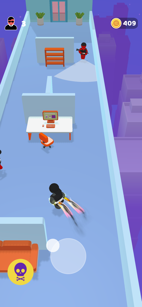 Super Cloner 3D gameplay showing a character using a jetpack to navigate through an office level with an enemy guard.