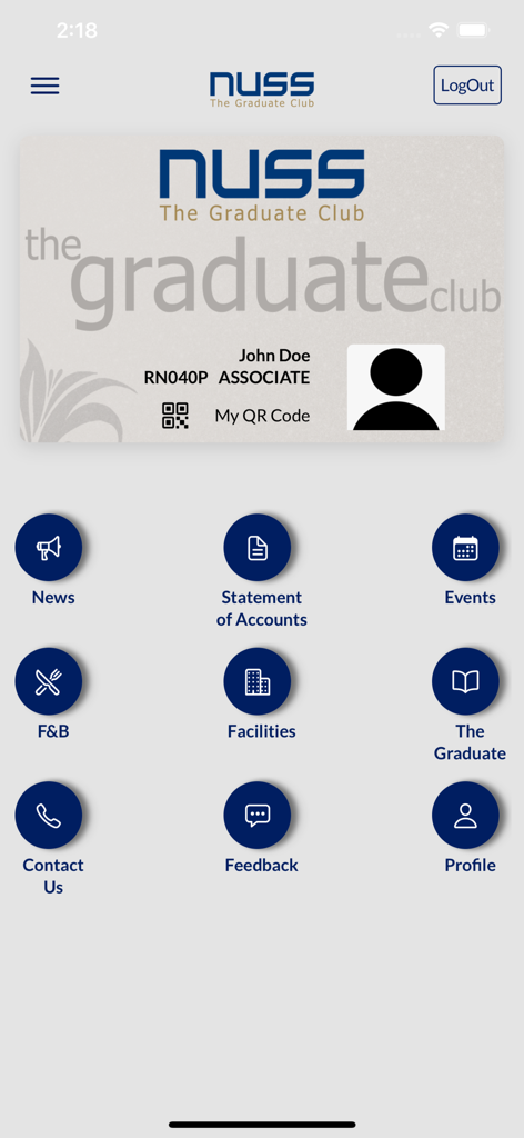 NUSS Members - 디지털 회원 카드와 클럽 서비스 메뉴 아이콘이 특징인 NUSS 회원 앱 홈 화면