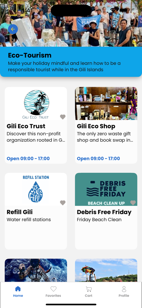 Palmz - Palmz app screen showcasing eco-tourism initiatives and sustainable travel options in Gili Trawangan