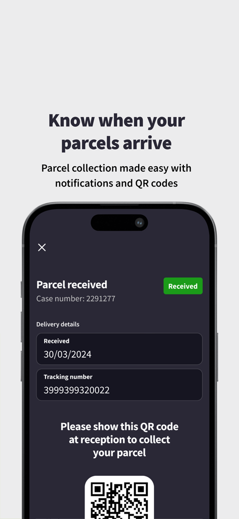 iQ Student Accommodation - iQ Student Accommodation app interface showing a parcel delivery notification with a QR code for reception collection