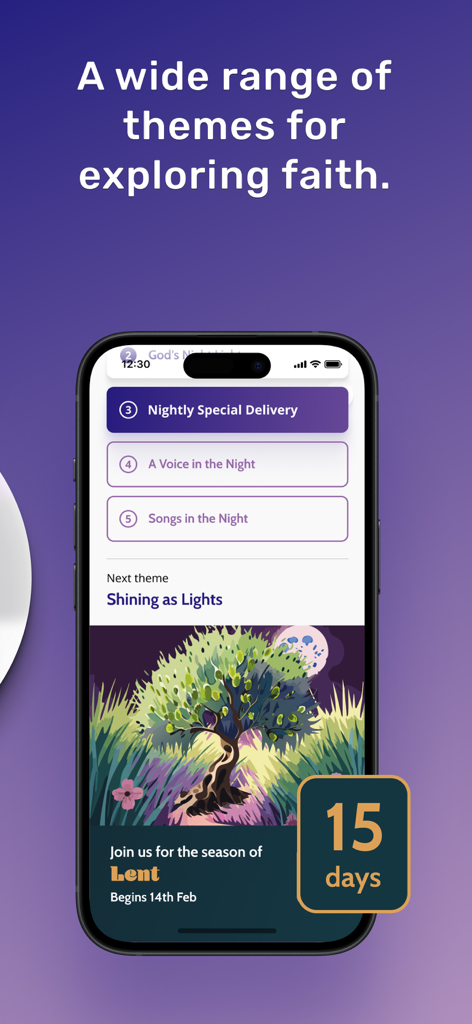 Everyday Faith app screen showing a list of devotional themes and a seasonal Lent announcement banner
