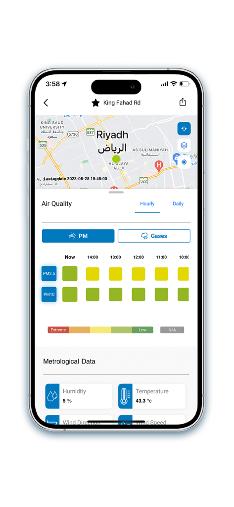 iPhone screenshot of the Riyadh air quality app showing real time PM levels and meteorological data for King Fahad Road