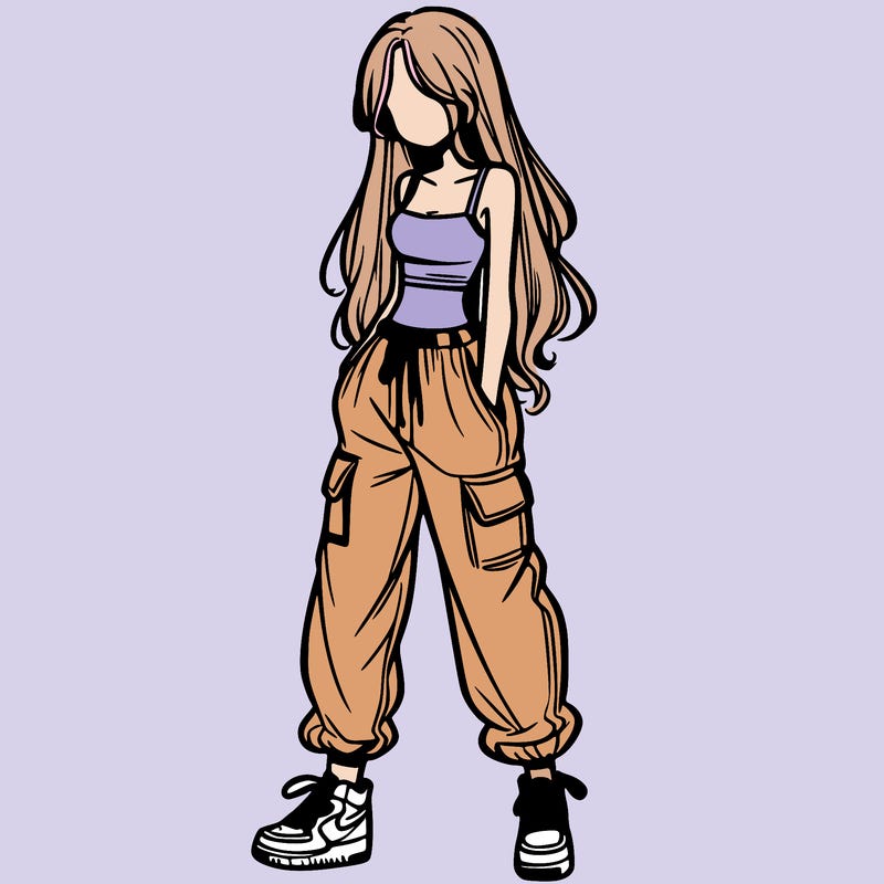 girl in baggy pants crop top and long hair
