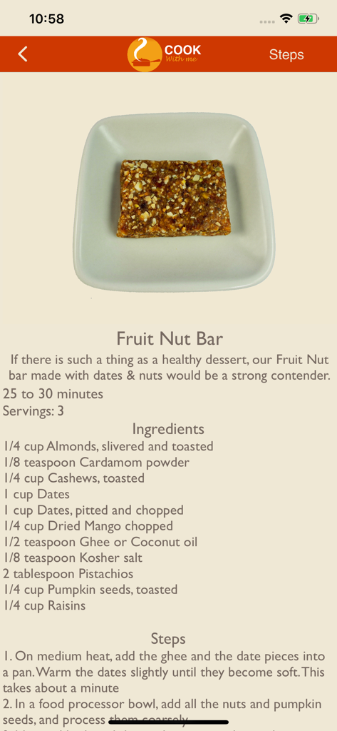 Cook With Me - Screenshot of the Cook With Me app displaying a healthy Fruit Nut Bar recipe with ingredients and clear instructions