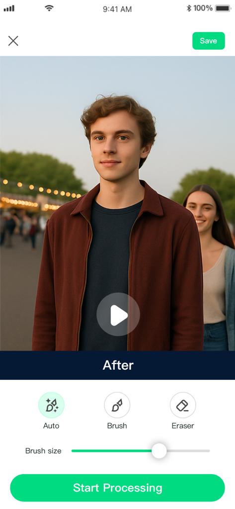 Ai Video Editor & Generator - Interfaz de una aplicación de edición de video con IA que muestra una vista previa de un video con opciones para borrar objetos de fondo usando herramientas de pincel y automáticas