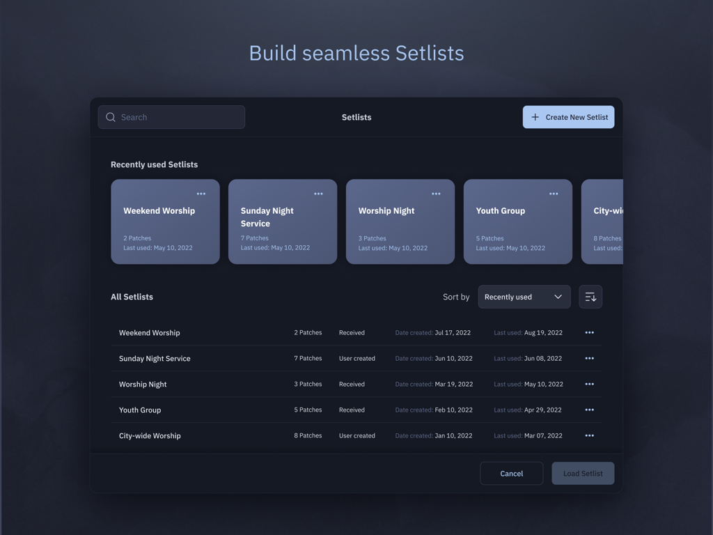 Sunday Keys - Interface of the Sunday Keys app showing a list of music setlists for different worship services.