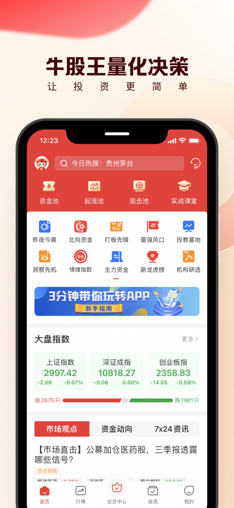 牛股王擒龙版手机应用主屏幕，显示中国股市指数和量化投资工具