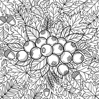 Dive into the rich hues of autumn with this delightful coloring page featuring plump blueberries surrounded by a detailed tapestry of fall leaves and acorns. It's the perfect way to celebrate the harvest season and enjoy a relaxing creative escape.
