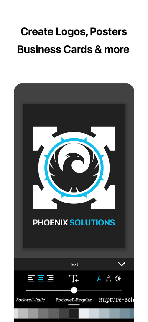 Create Flyers & Logos - Maker - Mobile app interface showing the creation of a professional Phoenix Solutions logo with text and font editing tools