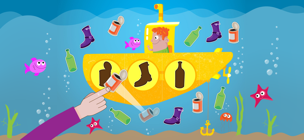 Matching games: toddlers, kids - Sortierspiel für Kleinkinder, bei dem Objekte in passende Silhouetten auf einem Unterwasser-U-Boot sortiert werden