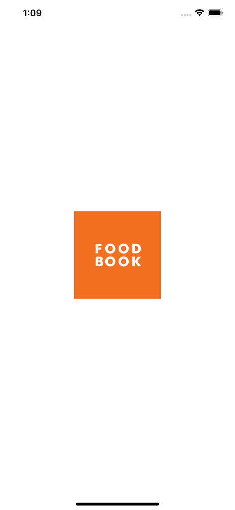 FoodBook - Workplace Food - FoodBook app splash screen featuring an orange square logo with the text FOOD BOOK on a white background