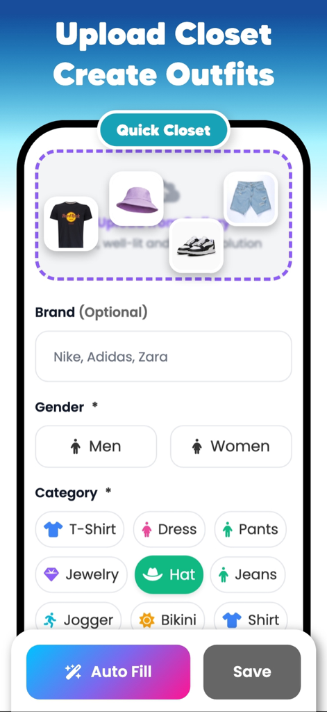 Combyne & Ai Try On - WearUp! - Interface for uploading and categorizing clothing items in the WearUp digital closet app