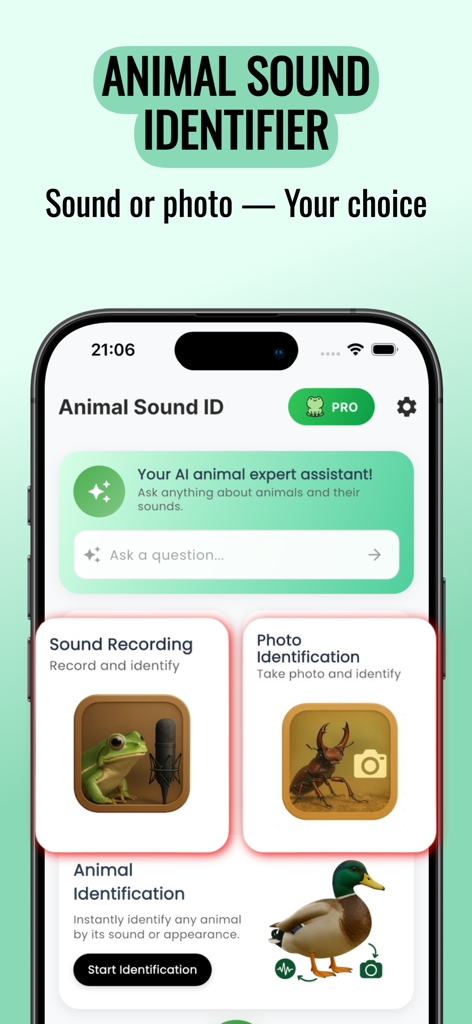 Animal Sound Identifier app home screen featuring sound and photo identification options
