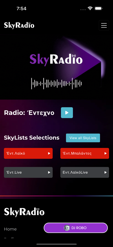 SkyRadioLive - SkyRadioLive app interface with Greek music radio channels and AI DJ Robo