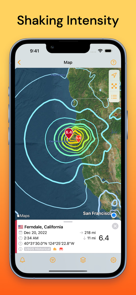 QuakeFeed app screenshot showing shaking intensity contours on a map for a 6.4 magnitude earthquake in Ferndale California