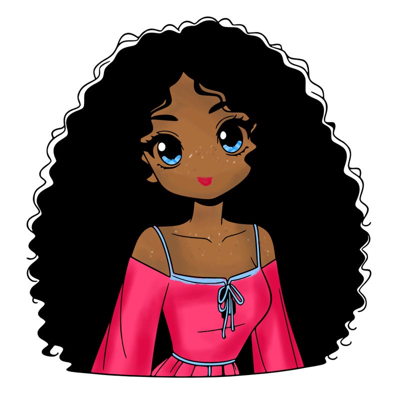 a black anime girl with long afro hair