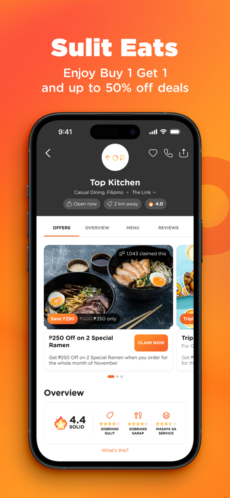 Booky - Food and Lifestyle - A mobile screenshot of the Booky app showing a restaurant discount on ramen with a claim now button.