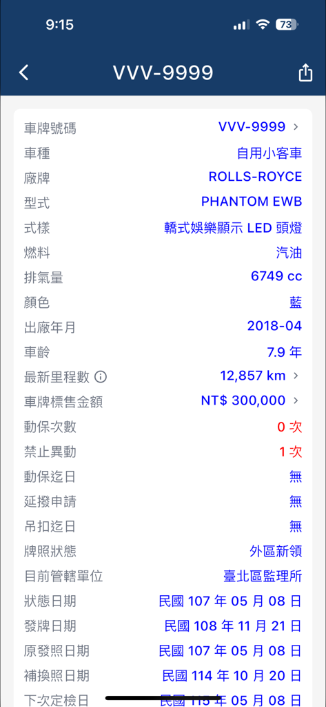 查車牌-車牌公開資訊一鍵查詢 - Detailed vehicle information screen for a Taiwan license plate showing data for a Rolls Royce Phantom EWB