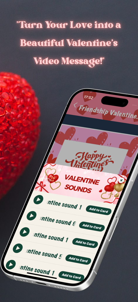 Valentine Day Cards - Romantic - Aplicativo de Dia dos Namorados mostrando uma lista de sons românticos para adicionar a mensagens de vídeo personalizadas