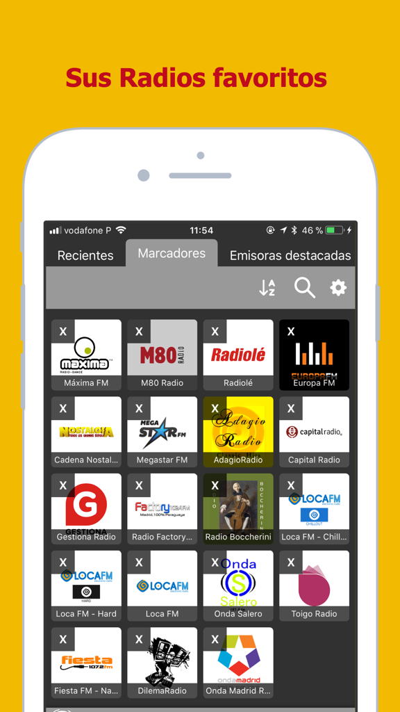 Raster der als Favoriten markierten spanischen Radiosender in der App-Oberfläche