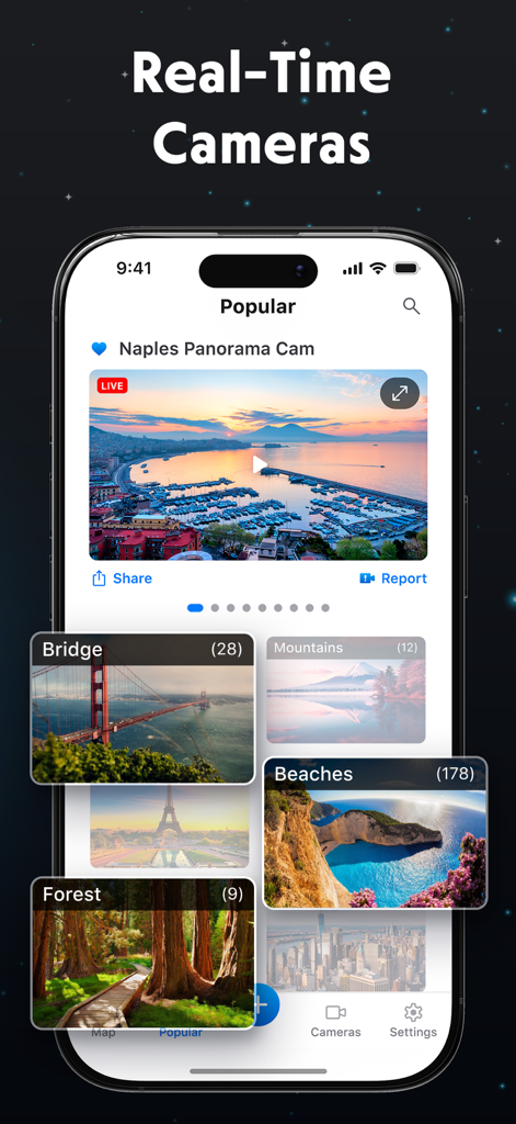 Live Earth Camera app interface displaying real-time popular webcams and landscape categories