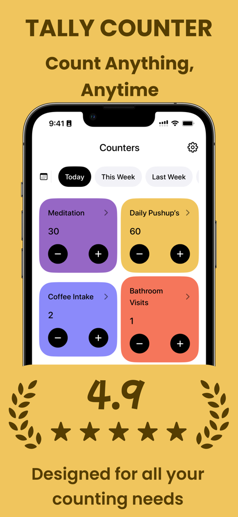 Tally Counter: Habit Tracker - A mobile screen showing the Tally Counter app interface with colorful habit tracking tiles and a 4.9 star rating.