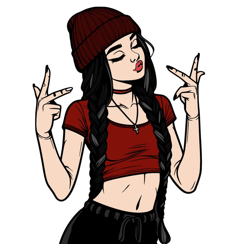 realistic teenage girl with braids and a beanie and crop top doing 🫶🏼