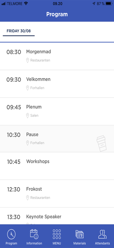 EVENTLY - Interfaccia di un'app mobile che mostra un programma di conferenza digitale con elenchi di eventi orari