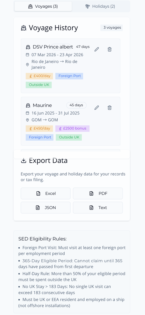 SeaDays - Seafarer Tracker - Voyage history and data export interface in the SeaDays seafarer app.