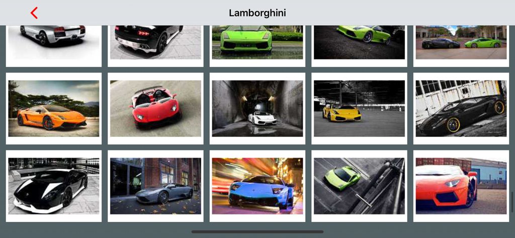 Car Wallpapers in HD - Una cuadrícula de fondos de pantalla de supercoches Lamborghini de alta definición disponibles en la galería de la aplicación móvil.