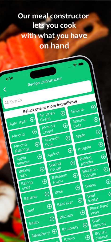 건강한 음식 레시피 목록 앱의 레시피 생성기 기능 인터페이스에 선택 가능한 재료 목록이 표시됩니다.