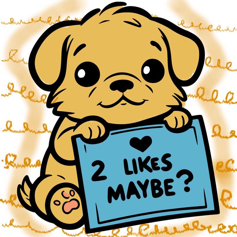 a puppy holding a sign that says 2 likes maybe?