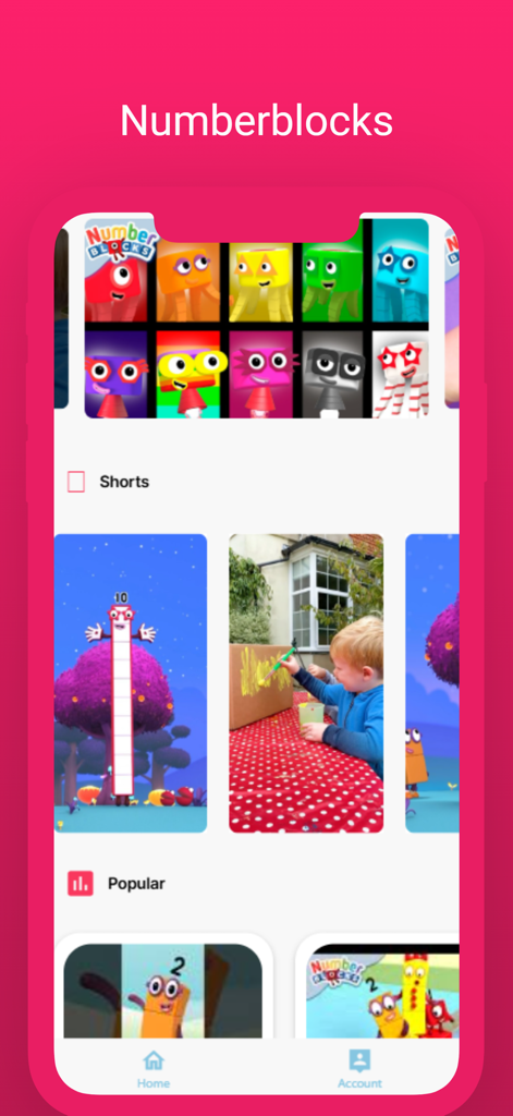 子供向けの教育ビデオやキャラクターショートを特集したNumberblocksアプリのホーム画面