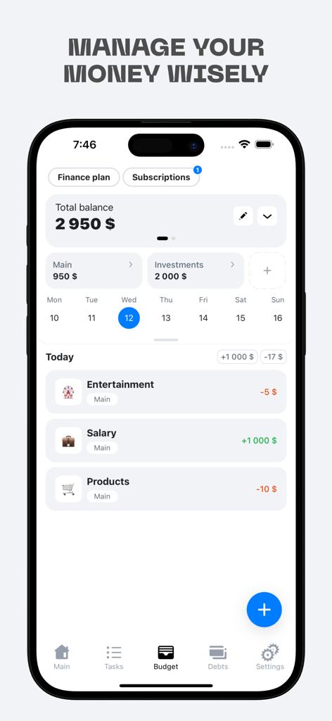 Pantalla de smartphone mostrando el panel de gestión de presupuesto de la aplicación MyLife con saldo total y transacciones diarias