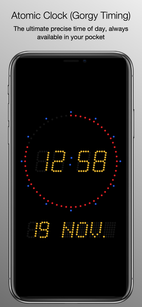 Atomic Clock (Gorgy Timing) - Captura de pantalla de la aplicación Reloj Atómico mostrando una interfaz profesional de reloj digital Gorgy Timing con dígitos amarillos y un contador circular de segundos