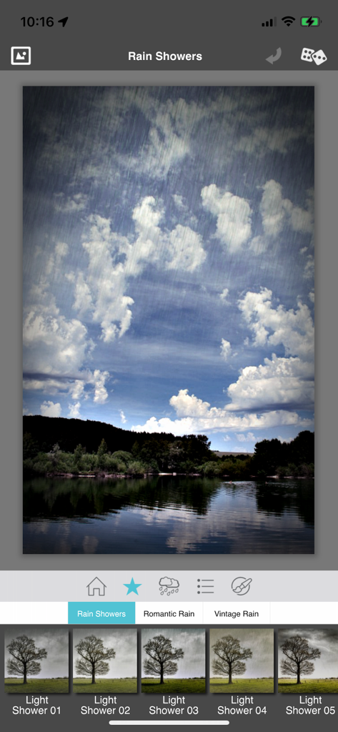 Rainy Daze - Rainy Dazeアプリのスクリーンショット。雨のシャワー編集ツールと風景プリセットを表示。