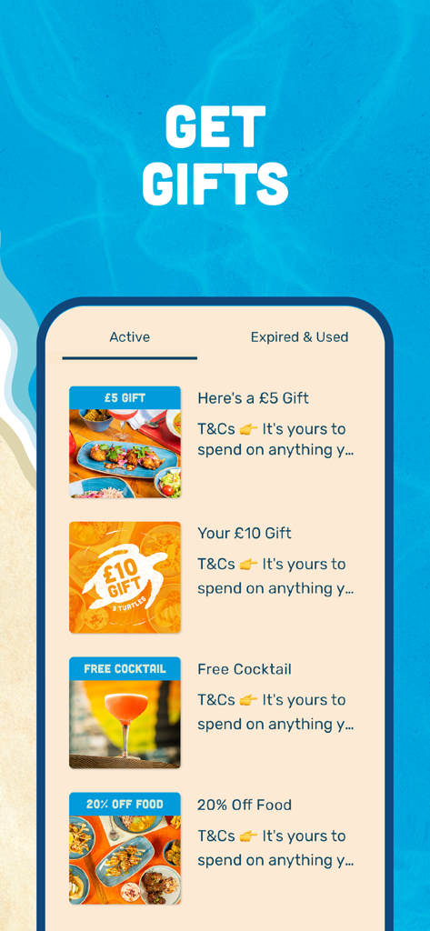 Turtle Bay - Turtle Bay app interface showing a list of active gifts and rewards like free cocktails and food discounts